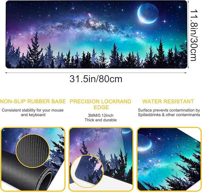 Desk Mat Moon Starry Sky Desk Pad for Keyboard and Mouse, Large Mousepad with Stitched Edges for Work Game Office, 31.5 x 11.8 in