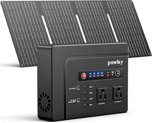 powkey Solar Powered Generator, 200W Portable Power Station with Solar Panels 40W, 146Wh Power Bank with 2 AC Outlet 110V Pure Sine Wave for Outdoor Camping Emergency Home