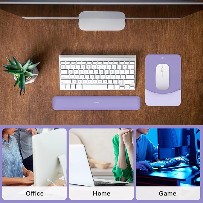 MOSISO Wrist Rest Support for Mouse Pad&Keyboard Set, Rectangular Ergonomic Mousepad Non-Slip Base Home/Office Pain Relief&Easy Typing Pad with Neoprene Cloth&Raised Silicone Lining, Purple