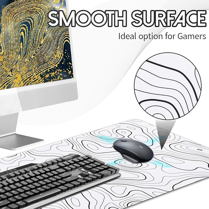 White Mouse Pad, 31.5" x 11.8" White Desk Mat Topographic Mouse Pad for Desktop, Large Gaming Mousepad with Stitched Edges, XL Long Mousepad Big with Rubber Base for Office Gaming Home
