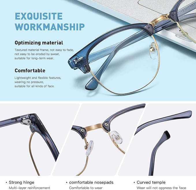 Blue Light Blocking Glasses Vintage Half Frame UV Clear Lens Anti Eyestrain Computer Gaming Glasses for Men Women