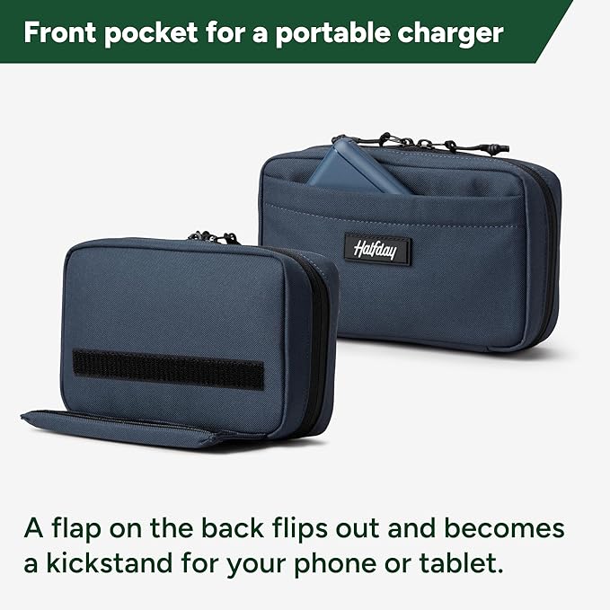 Halfday Sidekick Tech Organizer Kit | Flip-Out Kickstand for Phone/Tablet, Zip-Flat Pouch with Power Mesh & Elastic for Cable & Charger (Splash-Resistant Travel Electronics Accessories Case), Marine