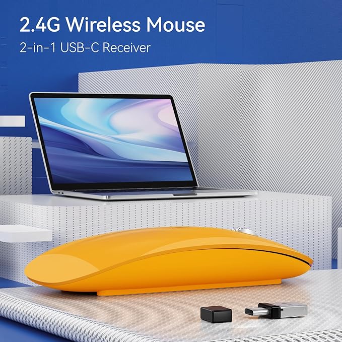 Uiosmuph G11 Wireless Mouse, USB C Rechargeable Computer Mouse, Slim Silent Mice 2.4GHz Optical with USB Nano Receiver and USB C Receiver for Laptop/Mac/PC - Orange