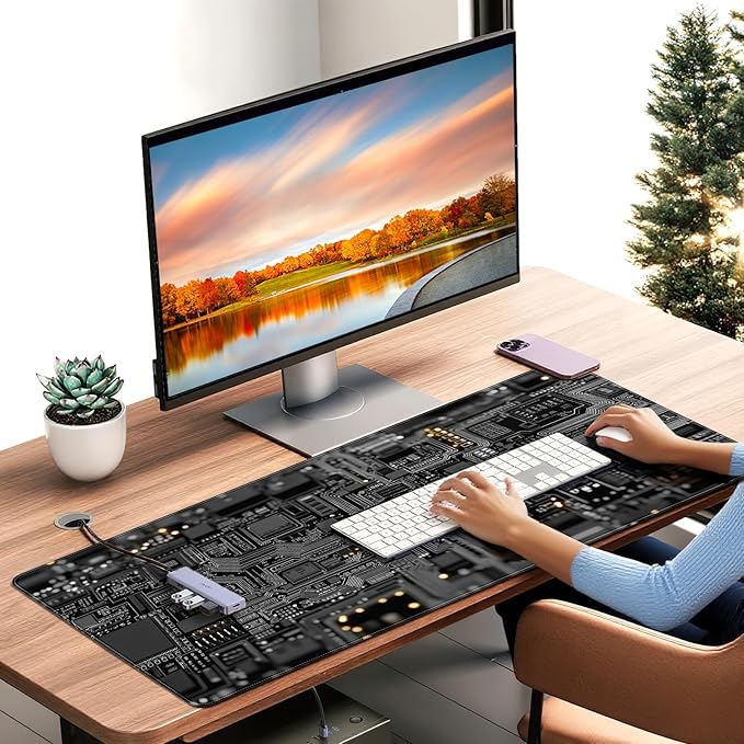 Large Gaming Mouse Pad, Circuit Board Design, Tech-Style Desk Mat, Extended Size 35.4 x 15.7 inches, Non-Slip Base, Microfiber Surface, Waterproof, Suitable for Gaming and Office Use.