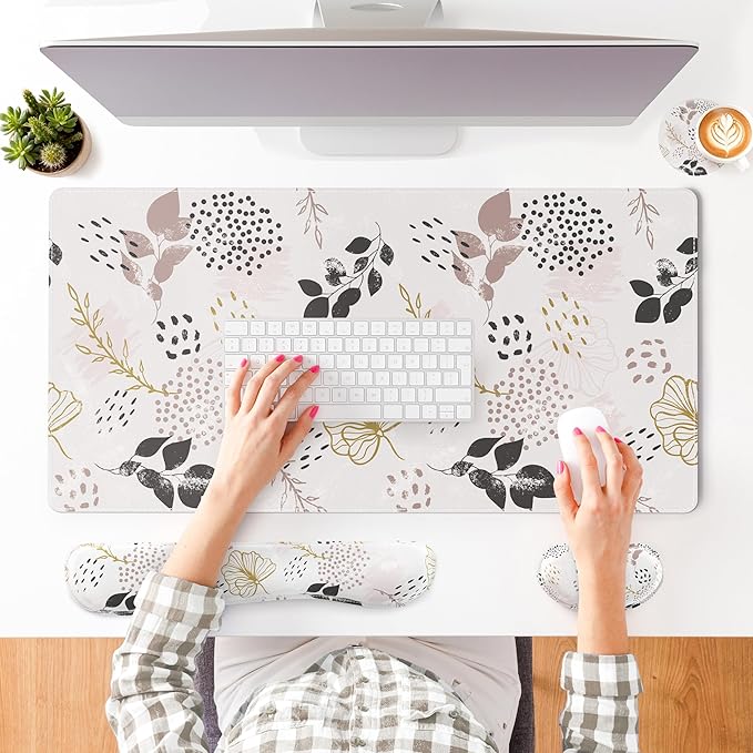 QIYI Leather Desk Mat Set, 4-in-1 Large Mouse Pad with Wrist Rest, Non-Slip Desk Pad + Keyboard Wrist Rest + Mouse Wrist Support + Coaster, Office Desk Accessories Home Decor Supplies, Botanical Leaf