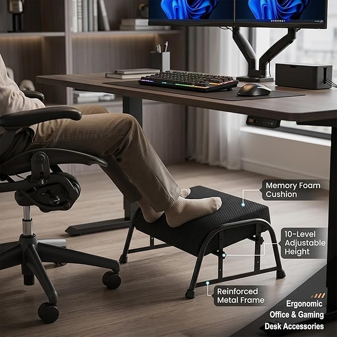 Under Desk Footrest with Memory Foam, Adjustable 10-Level Ergonomic Foot Rest for Office & Gaming Desk Accessories for Leg Rest, Reinforced Metal Frame, Non-Slip Base Extra Large（Black 2 USE
