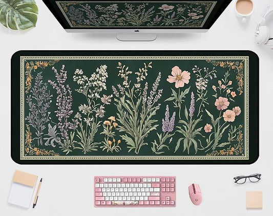 Deep Green Retro Desk Pad, Plant Flower Mouse Pad XXL, Large Gaming Mouse Mat, Laptop Pad, Desktop Protective Pad, Computer Mats with Stitched Edges, Women Office Desk Accessory 31.5"X15.7"