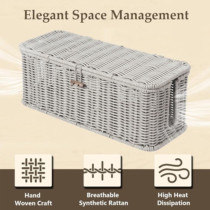 BROWNLILY Cable Management Box, Rattan Style Cord Organizer for Desk Cord Hider Outlet Covers Baby Proofing for Power Strip TV PC Router Charger Under Desk Storage with Lockable Lid and Cable Ties - Image 3