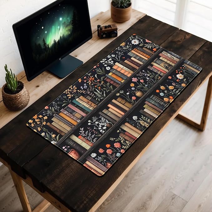 Bookish Desk Mat Floral Bookshelf Desk Pad Faux Embroidery Large Mouse Pad XXL Book Lovers Gift Extended Gaming Mousepad Flower Aesthetic Keyboard Pad Mouse Mat 31.5x15.7 in Office Decor for Women