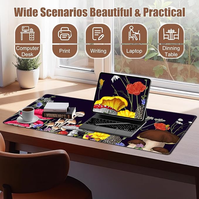 Desk Matt for Desktop, Desk Pad Mat, Mouad Pad for Keyboard and Mouse, XXL Large Mouse Pad for Desktop, Anti-Slip Big Mousepad with Stitched Edges, Mouse Mat for Computer Laptop, Mushroom Wildflower