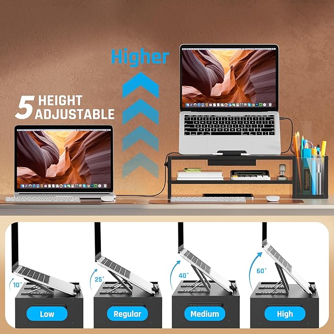 AFOOYO Adjustable Wood Laptop Stand, Ergonomic Height & Angle Computer Riser with Pen Holder – Compatible with MacBook Air/Pro, Dell, HP, Lenovo & 10-17.3" Notebooks – Black