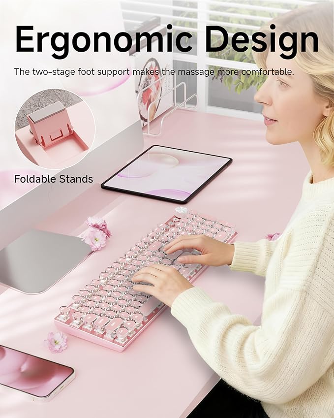 EWEADN V20 Typewriter Keyboard Wireless,104 Keys Typewriter Style Mechanical with White Backlit, Media Knob, White Switch 2.4G/Bluetooth/USB-C Retro Full Size Keyboard for Windows/Mac/PC-Dark Pink
