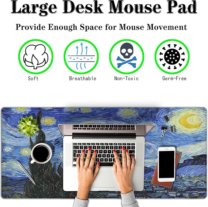 Keyboard Mouse Pad Blue Computer Desk Pads XXL Mousepad Pad for Mouse Non-Slip Rubber Base Waterproof with Stitched Edges 35.4" X 15.7" for Game Office, The Starry Night