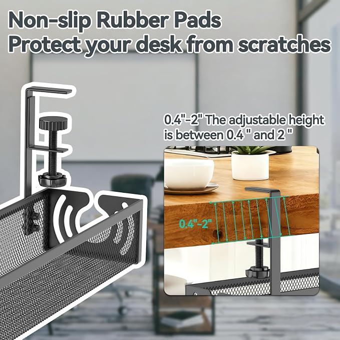 Cable Management, 15'' Under Desk Cable Management Tray No Drill, Metal Cable Organizer with Clamp for Wire Management, Cord Organizer for Home Office, Desk Accessories Organizer, Black - Image 3