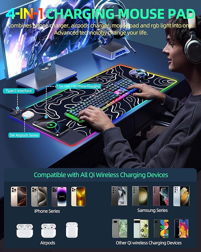 Wireless Charging Mouse Pad, RGB Gaming Mousepad, 31.5"x15.7" Extra Large Desk Pad, 13 Light Modes, Non-Slip Base, Waterproof Computer Keyboard Mat for MacBook, PC, Laptop, Black Topographic Line