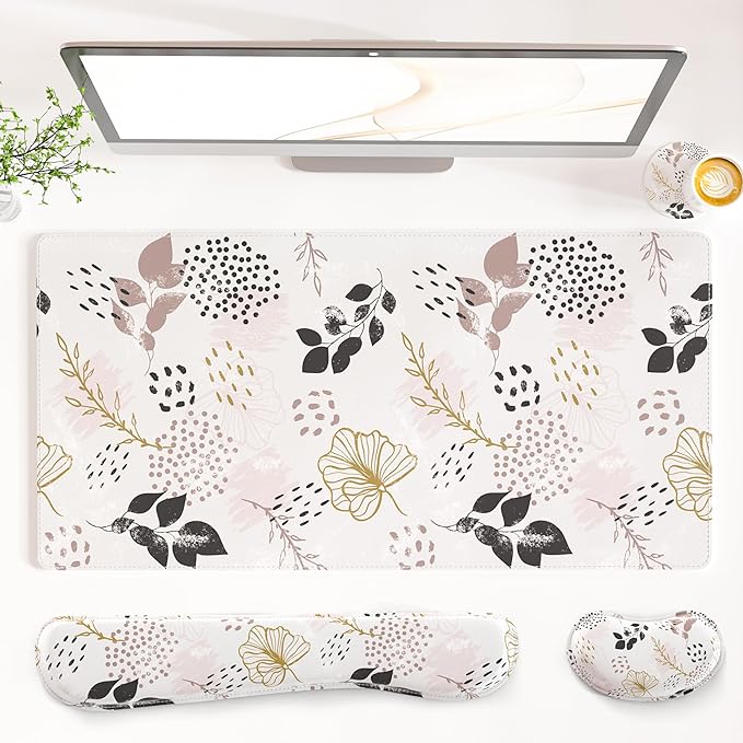 QIYI Leather Desk Mat Set, 4-in-1 Large Mouse Pad with Wrist Rest, Non-Slip Desk Pad + Keyboard Wrist Rest + Mouse Wrist Support + Coaster, Office Desk Accessories Home Decor Supplies, Botanical Leaf