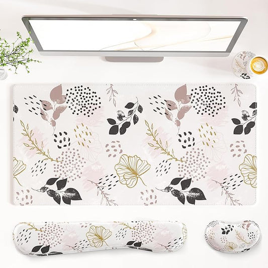 QIYI Leather Desk Mat Set, 4-in-1 Large Mouse Pad with Wrist Rest, Non-Slip Desk Pad + Keyboard Wrist Rest + Mouse Wrist Support + Coaster, Office Desk Accessories Home Decor Supplies, Botanical Leaf