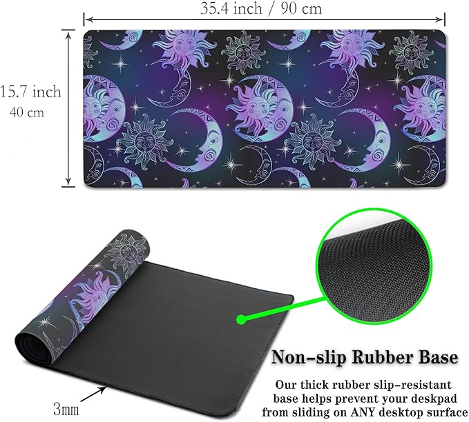 Gaming Mouse Pad Purple Desktop Mat Extra Large Mouse Pads Computer Desk Mat Pc Gaming Mat Waterproof Non-Slip Rubber Base 35.4" X 15.7" for Game Office, Magical Sun and Moon Stars