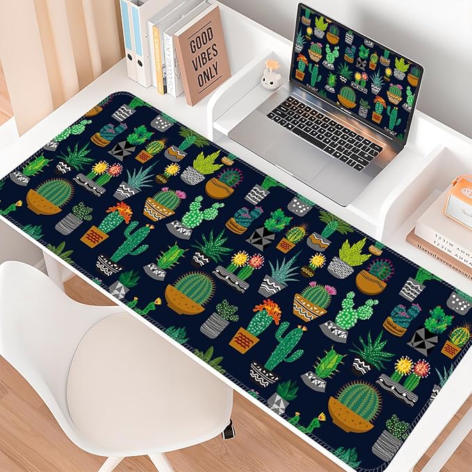 Desk Mat,Big Desk Pad,31.5 x 11.5in Extended Gaming Mouse Pad,Large Mouse Pad for Desk Rubber Base Mousepad with Stitched Edges,Keyboard Mouse Mat for Work Game Office Home - Cute Cactus