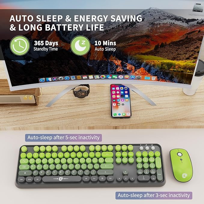 FOPETT Wireless Keyboard and Mouse Combo, 104 Keys Full-Sized 2.4 GHz Round Keycap Colorful Keyboards, USB Receiver Plug and Play, for Windows, Mac, PC, Laptop, Desktop (GradientMatchaGreen)