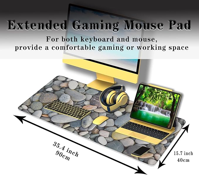 Computer Desk Pads Cobblestone Gaming Mouse Mat, Desk Mouse Pad XXL Mouse Pads, Desktop Computer Mat Non-Slip Rubber Base Waterproof with Stitched Edges, 35.4" X 15.7" Work/Game/Office/Home