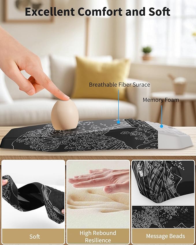 Ergonomic Mouse Pad Wrist Rest Support, Massage Design Surface for Carpal Tunnel Pain Relief, Memory Foam, Non-Slip PU Base for Computer Desk, Kanagawa Japanese Sea Wave