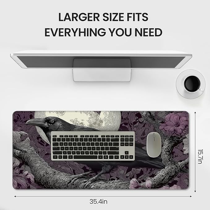 XXL Gaming Mouse Pad, Gothic Raven Moon Design with Purple Floral, 35.4 x 15.7 Inches, Non-Slip Rubber Base, Waterproof Surface，A Keyboard and Mouse Accessory Suitable for Home Gaming and Work.