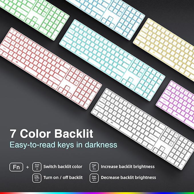 Wireless Backlit Keyboard Quiet - Computer Rechargeable Ergonomic Light UP Keyboard, Silent Keys Full Size Compatible for Windows, Desktop, Laptop, PC, Gaming, PS5 - White