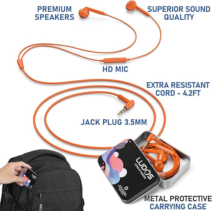 LUDOS FEROX Wired Earbuds in-Ear Headphones, 5 Year Warranty, Earphones with Microphone, Noise Isolation Corded for 3.5mm Jack Ear Buds for iPhone, Samsung, Laptop, Kids, School Students - Orange