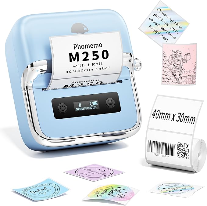 Phomemo M250 Label Maker, 3" Thermal Barcode & Address Printer - Portable Label Maker for School, Business, Home & Logos, Sticker Printer Compatible with Phones & PCs, with 100 Labels, 40x30mm