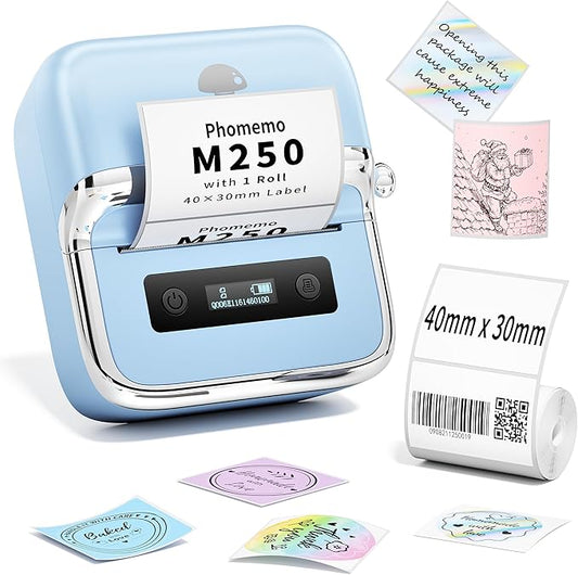Phomemo M250 Label Maker, 3" Thermal Barcode & Address Printer - Portable Label Maker for School, Business, Home & Logos, Sticker Printer Compatible with Phones & PCs, with 100 Labels, 40x30mm