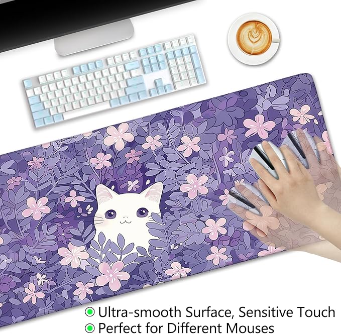 Cat Purple Mouse Pad Large Desk Mat, Kawaii Purple Computer Mousepad with Stitched Edges Non-Slip, Keyboard Mouse Pad for Desktop Cute Office Supplies Desk Decor Accessories 31.5x11.8 in