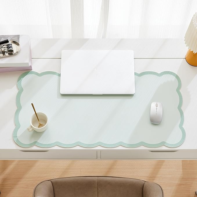 Scalloped Desk Mat, 31.5" x 15.7" Large Cute Sage Green Aesthetic Desk Accessories, PU Leather Computer Laptop Desk Mat Mouse Keyboard Pad, Desk Writing Makeup Mat for Vanity/Work/Home Decor