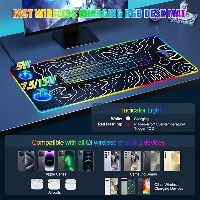 Mouse Pad with Foldable Phone Holder, Wireless Charging Desk Mat, RGB Gaming Mousepad Large Desk Pad with Non-Slip Base, Waterproof Keyboard Pad, Classic Black (XXL Stand Topographic)