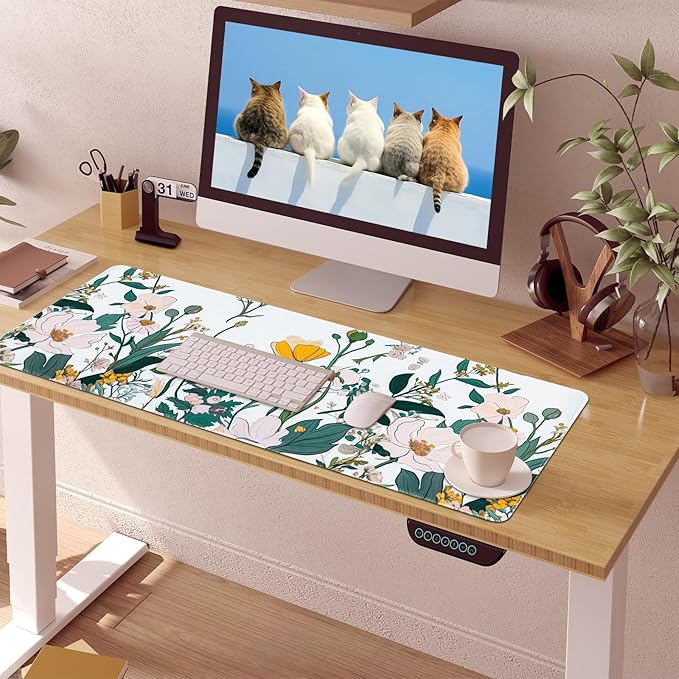 Floral Desk Mat, Desk Matt for Desktop Non-Slip, Large Mouse Pad with Stitched Edges, XL Computer Desk Mat for Women Office Decor (Yellow, 31.5" x 15.7")