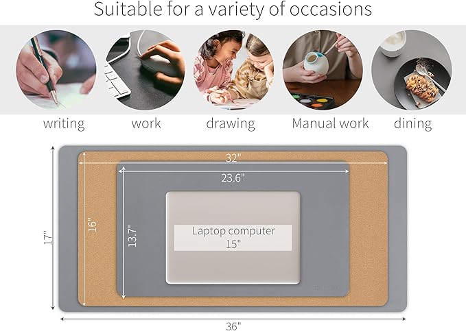 RENMTURE Dual-Sided Large Desk Pad, Faux Leather Natural Cork Mouse pad, Desk Accessories Protector, for Office and Home Work (Space Grey, 32"x16")