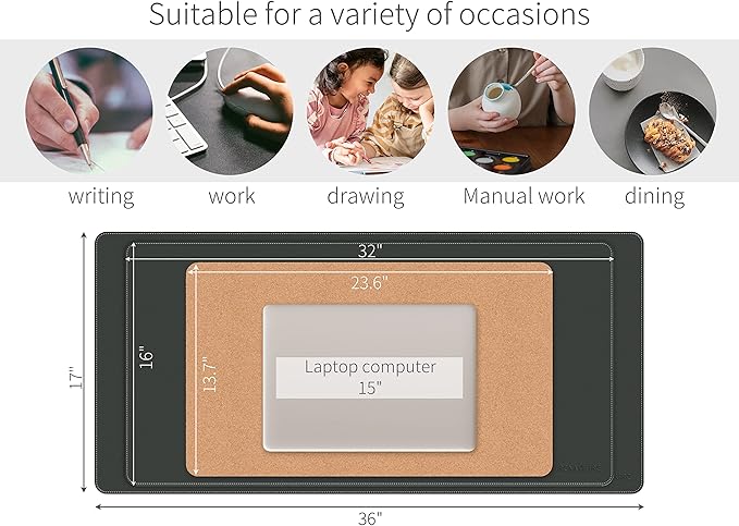 RENMTURE Dual-Sided Mouse Pad, Natural Cork & PU Leather Large Desk Pad for Office and Home Work, Desk Protector Non-Slip, Waterproof, Easy Clean (Black, 36"x17")