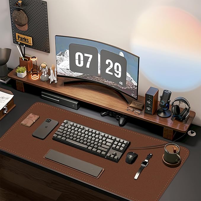 Bleswin Multifunctional Large Desk Mat, Double Sided Computer Desk pad, Extended Mouse Mat, Office Desk Protector with Waterproof PU Leather, 35.4''×16.9'', Office Home Writing Pad (Brown+Grey)