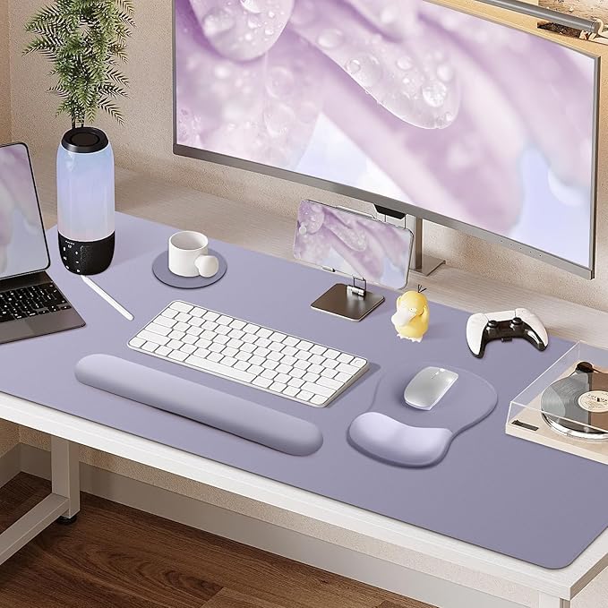 4-in-1 Large Gaming Mouse Pad, Keyboard Wrist Rest Pad & Wrist Support Mousepad Set, Extended Desk Pad Waterproof Desk Mat Protector for Home Office Decor Study Game 35.4×15.7 Inches I Noble Purple