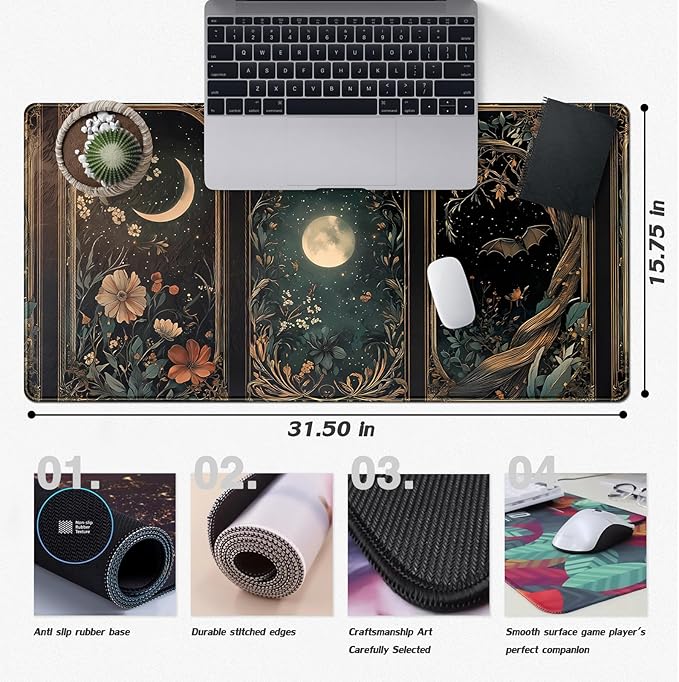 Celestial Lunar Nature Tarot Card Desk Mat 31.5''X15.7'' Dark Green Desk Pad Moon Botanical Floral Large Mouse Pad Extended Gaming Mousepad XXL Keyboard Mouse Mat for Computer Laptop Gamers