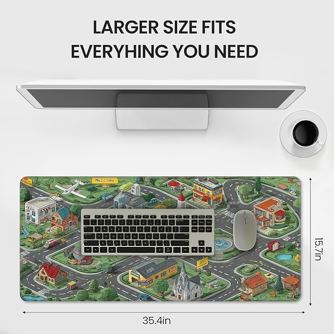 35.4 x 15.7 Inches XXL Large Gaming Mouse Pad, Cartoon City Street Map Design, Non-Slip Base, Waterproof and Scratch-Resistant Surface, Suitable for Home and Casual Gaming Desktop mats