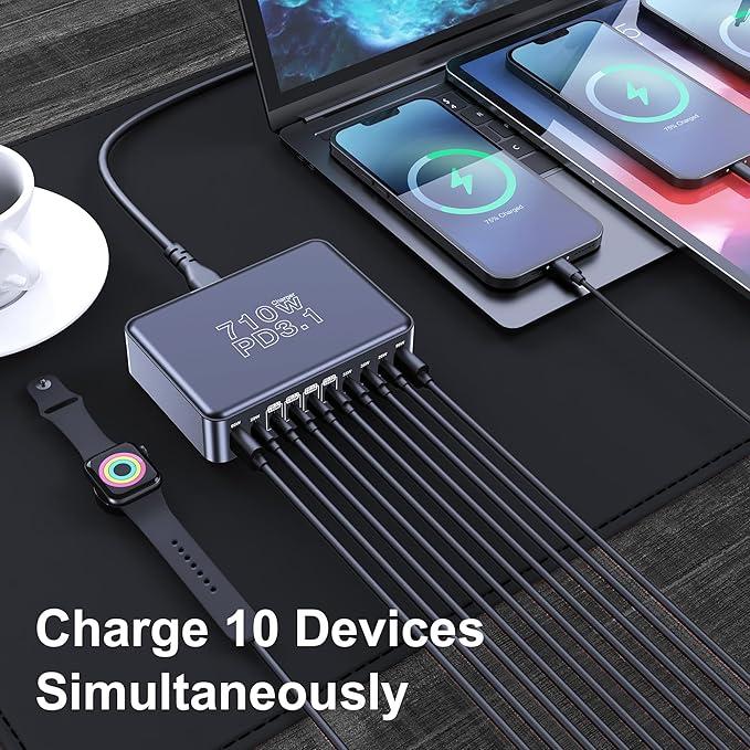 CHIPOFY 710W USB C Charging Station, 10-Port Dual PD3.1 140W QC3.0 60W GaN Laptop Fast Charger Block for MacBook Pro/Air, iPad, iPhone 17 16 Pro Max, Galaxy S25/ S24 and More