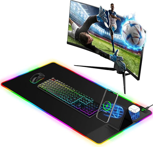 Mouse Pad with Adjustable Phone Stand Dual Wireless Charger, 15W Fast Charging Desk Mat, Extra Large 31.5x15.75 Waterproof Desk Pad for iPhone Samsung Air-Pods, Gaming Mousepad w/ 11&4 RGB