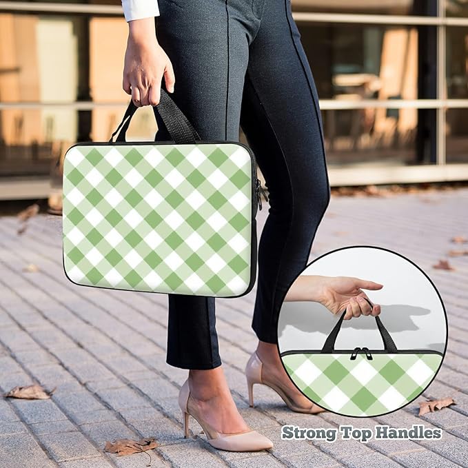 Laptop Sleeve Case Bag 15 inch, Green and White Checkered Slim Carrying Case Handbag Travel Laptop Bag for 15 inch MacBook Air M3/M2/15 Pro/Surface Laptop 7/6/5/4/3/ Dell XPS 15 Plus