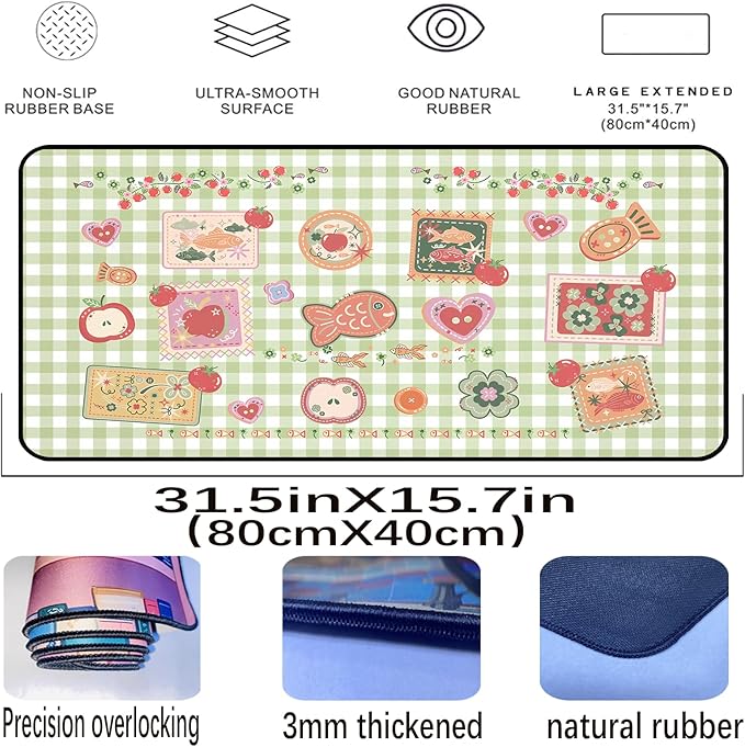 Mouse Pad Cute, Green White Checkered Desk Pad, Retro Gaming Desk Mats, Large Mousepad Laptop Keyboard Mouse Mat, Funny Food Girls Office Desktop Decor Accessories, for Women 31.5"X15.7"