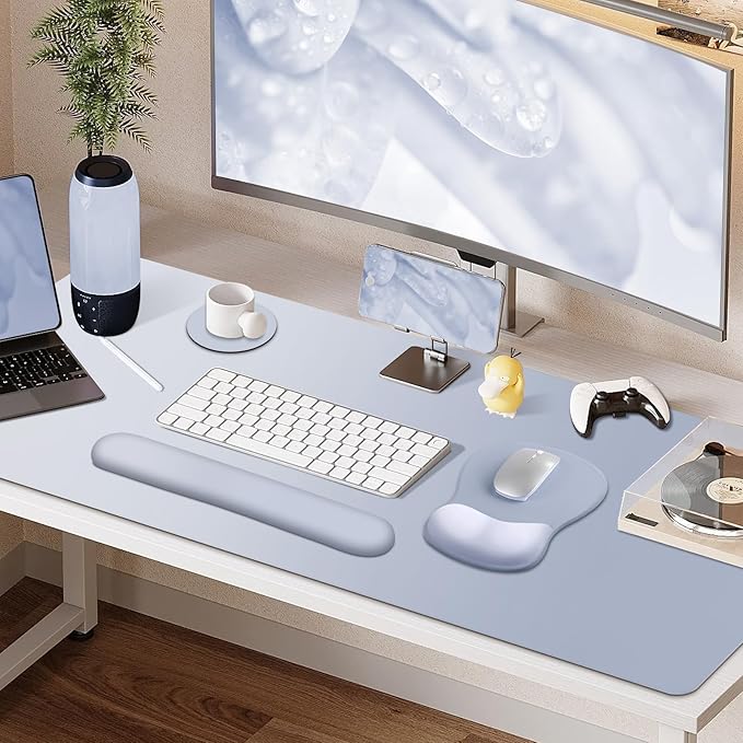 4-in-1 Large Gaming Mouse Pad, Keyboard Wrist Rest Pad & Wrist Support Mousepad Set, Extended Desk Pad Waterproof Desk Mat Protector for Home Office Decor Study Game 35.4×15.7 Inches I Gradient Gray