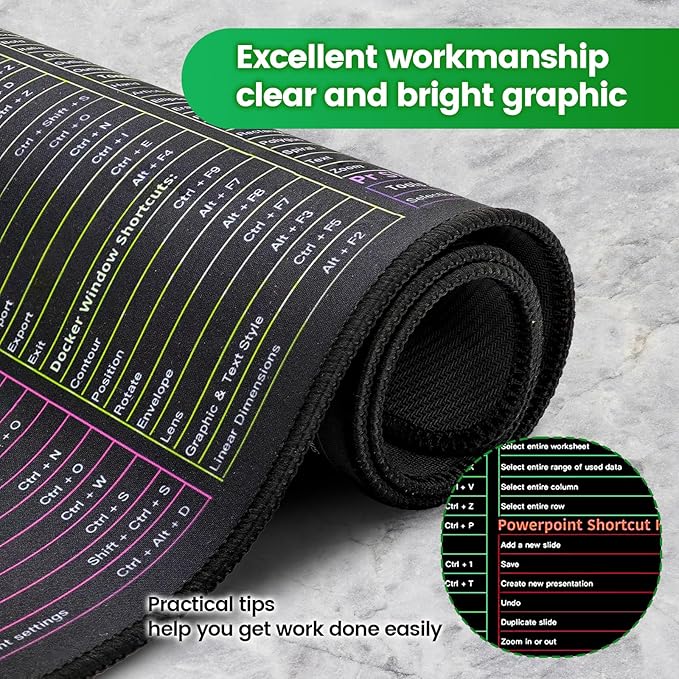 Excel/Word/Power Point/Windows Mouse Pad (31.5"x11.8") Over 200 Keyboard Shortcuts Mousepad Non-Slip & Waterproof Large Gaming Office PC – Compatible with PS/AI/CDR/PR