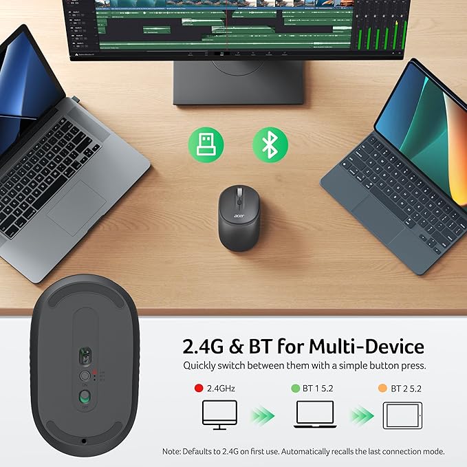 acer Bluetooth Wireless Mouse for Laptop, Computer Mouse Wireless (BT5.2+2.4GHz), Small to Medium Size, Left & Right Handed Office USB Mice with USBA Receiver, 4 Buttons, Compatible with PC, Desktop