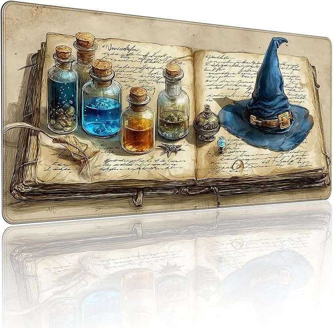 Large Gaming Mouse Pad, Wizard Spellbook Design, 35.4 x 15.7 Inches, Extended Desk Mat