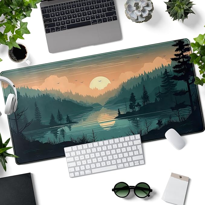 Sunset Lake Desk Mat Scenic Forest Large Mouse Pad Extended Gaming Mousepad XXL Green Pine Color Mountain Nature Keyboard Pad Sunset Mountains Landscape Big Mouse Mat Desk Decor 31.5x15.7 in